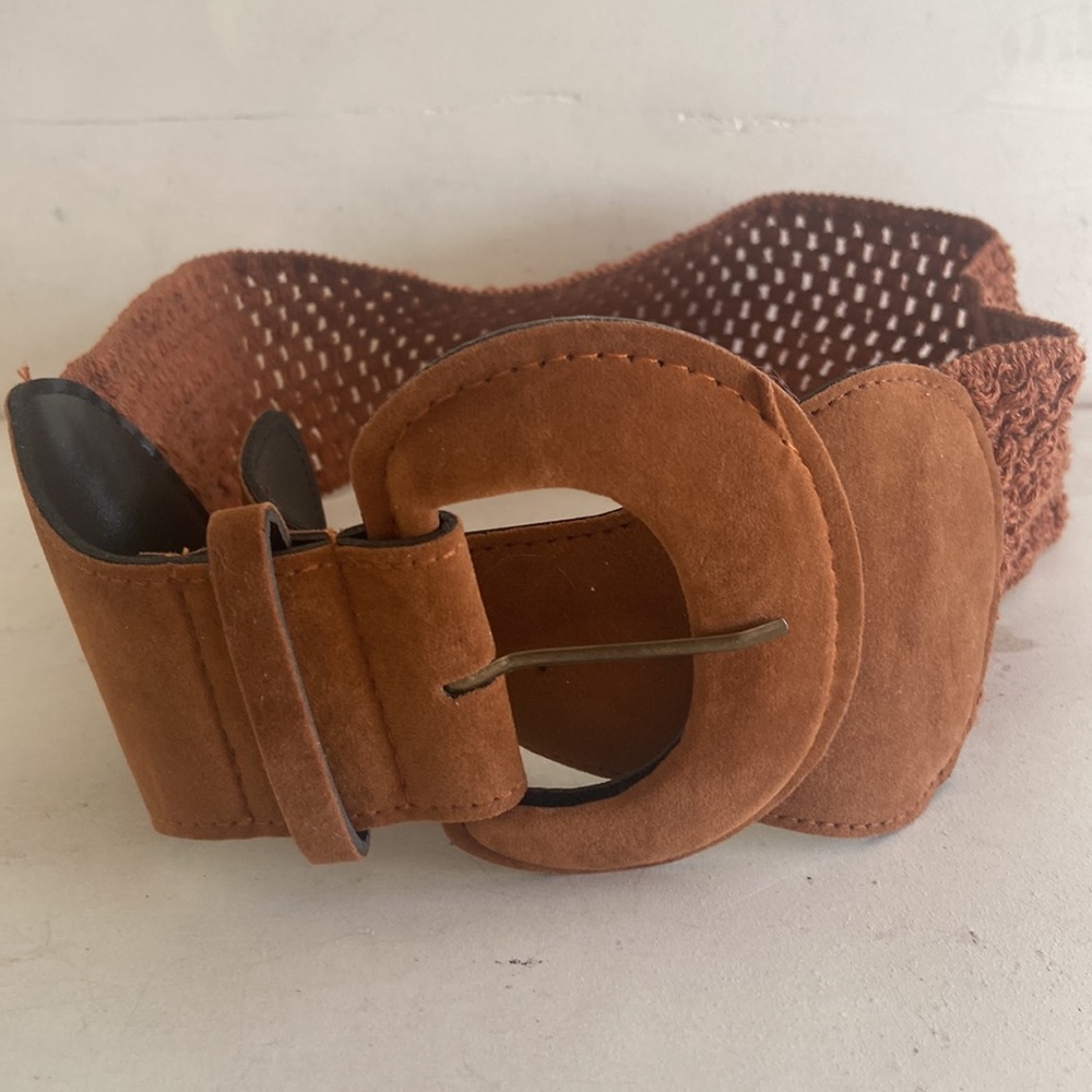Faux suede leather look warm brown woven belt